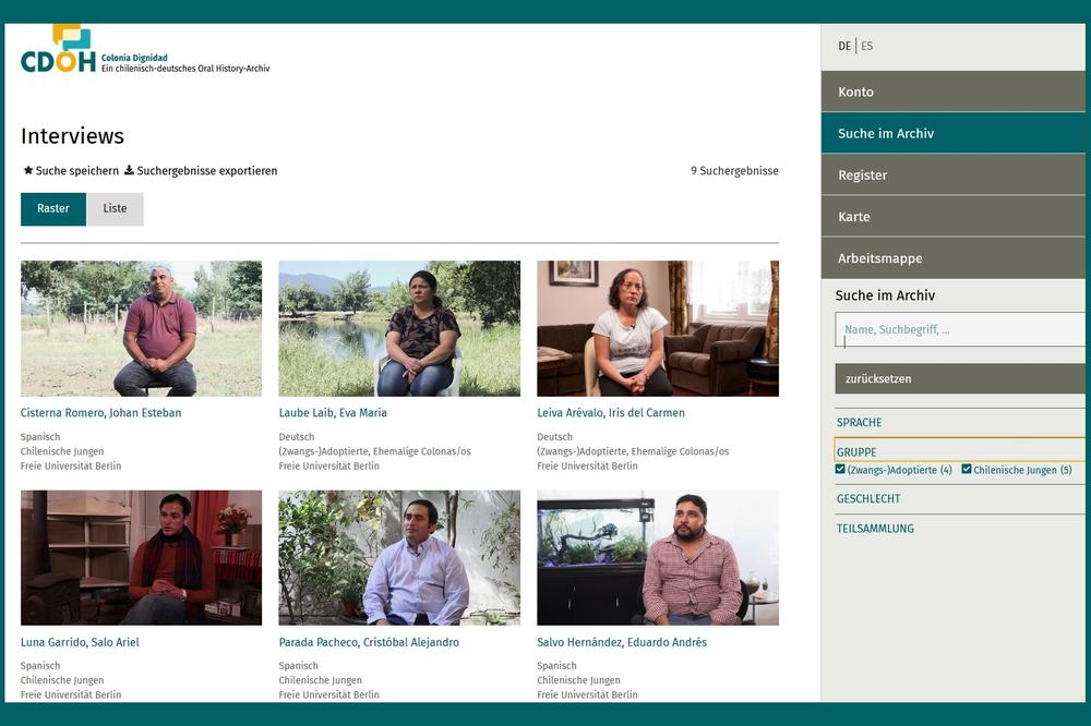 Rechercheumgebung der Datenbank „Colonia Dignidad. Ein chilenisch-deutsches Oral History-Archiv“ (CDOH) Bildquelle: cdoh.net